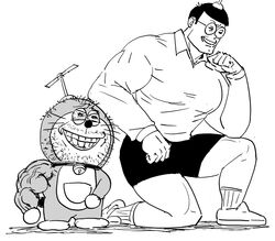  2boys absurdres asymmetrical_arms bb_(baalbuddy) beard commentary coomer_(meme) doraemon doraemon_(character) english_commentary english_text facial_hair gigachad_(meme) greyscale grin highres meme messy_hair monochrome multiple_boys muscular muscular_male nobi_nobita oversized_forearms oversized_limbs shorts simple_background smile white_background 