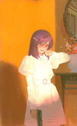  1boy aged_down belt blush bow clenched_hand collared_dress commentary crossdressing crying dress english_commentary flower gun gundam gundam_00 hair_between_eyes hairbow handgun highres holding holding_gun holding_weapon huangdanlan indoors juliet_sleeves lolicon long_sleeves looking_at_viewer male_focus medium_hair mirror open_mouth otoko_no_ko pink_bow puffy_long_sleeves puffy_sleeves purple_hair red_eyes solo standing sunlight tears tieria_erde upper_body wall weapon white_belt white_dress 