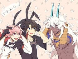  3boys animal_ears arjuna_(fate) arjuna_alter_(fate) astolfo_(fate) astolfo_(saber)_(fate) astolfo_(saber)_(third_ascension)_(fate) bad_id bad_twitter_id bare_shoulders black_gloves black_hair black_ribbon blush dark-skinned_male dark_skin fate/grand_order fate_(series) fujimaru_ritsuka_(male) fujimaru_ritsuka_(male)_(polar_chaldea_uniform) gloves grey_eyes hair_between_eyes hair_intakes highres horns long_hair male_focus multiple_boys open_mouth pectorals pink_hair purple_eyes rabbit_ears ribbon sho_480 simple_background smile toned toned_male topless_male upper_body white_hair wide_sleeves 