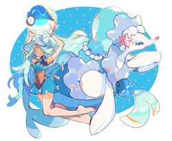  2girls aqua_hair armpits arms_up ball barefoot beachball blue_eyes commentary crossover hat hatsune_miku highres jewelry kawasaki_(kwsk_8765) long_hair mermaid monster_girl multiple_girls necklace open_mouth pearl_necklace poke_ball pokemon pokemon_(creature) primarina project_voltage simple_background smile star_(symbol) swimsuit tan twitter_username very_long_hair vocaloid water_miku_(project_voltage) 