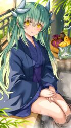  alternate_costume ashiyu bad_id bad_pixiv_id bath_yukata blue_kimono bucket dragon_girl dragon_horns fate/grand_order fate_(series) female foot_bath green_hair highres horns japanese_clothes kimono kiyohime_(fate) long_hair morizono_shiki multiple_horns rubber_duck sitting soaking_feet solo wooden_bucket yellow_eyes yukata 