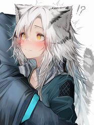  !? 1other ^^^ absurdres animal_ears arknights blush closed_mouth collarbone commentary doctor_(arknights) english_commentary female hair_between_eyes highres hug indra_(arknights) long_hair simple_background stiff_tail tab_head tail tail_raised tiger_ears tiger_girl tiger_tail white_background white_hair yellow_eyes 