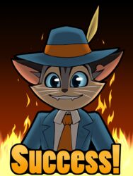  anthro blue_clothing blue_eyes blue_sclera blue_suit clothed clothing destruction digital_media_(artwork) domestic_cat feather_hat felid feline felis fire fur hat headgear headwear hi_res lackadaisy male mammal mancoin necktie rocky_rickaby signature simple_background smile solo suit teeth topwear whiskers 