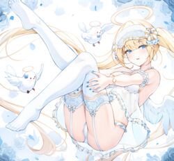  angel angel_wings bare_shoulders bird blonde_hair blue_eyes blush breasts female garter_straps hair_ornament halo highres kira_(kira78718520) lingerie long_hair looking_at_viewer medium_breasts nail_polish no_shoes original panties see-through soles solo thighhighs twintails underwear white_panties white_thighhighs wings 