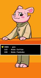  absurd_res anthro bear black_nose blush bodily_fluids clothed clothing countertop facial_tuft female hi_res honeydew_shopkeeper kirbugo mammal nervous solo sweat sweatdrop text_box tuft undertale undertale_(series) undertale_yellow ursine 