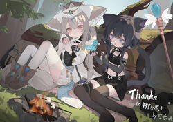  2girls animal_ears bird bird_on_hand black_gloves black_hair black_thighhighs boots brown_footwear campfire cat_ears cat_girl cat_tail character_request chinese_commentary closed_mouth commentary_request commission elbow_gloves fingerless_gloves food fox_ears fox_girl fox_tail gloves highres holding holding_food kele_mimi knees_up long_hair looking_at_viewer low_twintails midriff multiple_girls navel no_shoes onigiri open_mouth original outdoors purple_eyes red_eyes roasted_marshmallow sakurada_shiro_(hy_plus) sitting staff tail thighhighs twintails white_thighhighs yokozuwari 