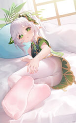  ass bare_shoulders breasts detached_sleeves dress feet female fingernails foot_focus foreshortening genshin_impact green_dress green_eyes grey_hair hair_ornament highres indoors leaf_hair_ornament long_hair looking_at_viewer lying nahida_(genshin_impact) on_bed on_side panties panties_under_pantyhose pantyhose pointy_ears ponytail senba_(592683801) slime_(genshin_impact) small_breasts soles solo symbol-shaped_pupils tareme thighband_pantyhose toes underwear white_pantyhose 