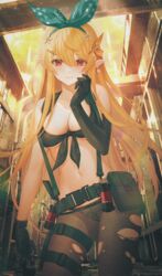  asymmetrical_gloves bad_source bikini black_gloves blonde_hair blush breasts butterfly_hair_ornament city cleavage commission cosplay earrings elbow_gloves explosive female front-tie_bikini_top front-tie_top gloves grenade hair_ornament hair_ribbon highres jewelry long_hair looking_at_viewer metal_gear_(series) metal_gear_solid_v:_the_phantom_pain mismatched_gloves nijisanji nijisanji_en no.aei panties pantyhose pixiv_commission pointy_ears pomu_rainpuff quiet_(metal_gear) quiet_(metal_gear)_(cosplay) red_eyes ribbon smile solo standing swimsuit torn_clothes torn_pantyhose underwear virtual_youtuber 