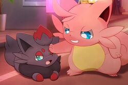  3:2 ambiguous_gender annoyed anthro black_body black_fur blue_eyes cattiva chibi crossover detailed_background duo feral fur generation_5_pokemon grin hi_res hirochanu inside looking_at_another nintendo pal_(species) palworld pink_body pink_fur pocketpair pokemon pokemon_(species) smile smug zorua 