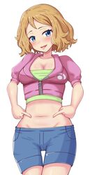  absurdres blue_eyes blue_shorts breasts brown_hair cropped_jacket cropped_shirt female green_shirt highres jacket looking_at_viewer maho_(corotonton5150) navel open_mouth pink_jacket pokemon pokemon_(anime) pokemon_xy_(anime) serena_(pokemon) shirt shorts small_breasts smile solo white_background 