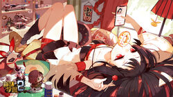  bare_shoulders barefoot bed benghuai_xueyuan black_hair breasts brown_hair candy copyright_name detached_sleeves doughnut dual_wielding eating elsa_lopez_(benghuai_xueyuan) female figure food green_eyes highres holding holding_candy holding_food holding_lollipop holding_phone holding_sword holding_weapon honkai_(series) indoors logo lollipop long_hair lying mushoku_kika official_art on_back on_bed phone red_eyes second-party_source sword weapon window 