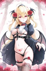  belt black_belt black_thighhighs blonde_hair blush breasts demon_girl demon_tail demon_wings falling_petals female flower hair_flower hair_ornament highres kira_(kira78718520) large_breasts long_hair long_sleeves looking_at_viewer navel open_mouth original petals pointy_ears pubic_tattoo red_eyes red_flower red_rose revealing_clothes rose solo tail tattoo thigh_strap thighhighs underboob wide_sleeves wings 