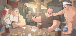  5boys bar_(place) bara beard buzz_cut card character_request couple facial_hair full_beard gunnar_(lustful_desires) guran_(underguran) hand_on_another&#039;s_shoulder headband highres holding holding_card large_pectorals lustful_desires male_focus multiple_boys muscular muscular_male pectoral_cleavage pectorals playing_card poker second-party_source short_hair sideburns sitting size_difference smirk thick_beard thick_eyebrows very_short_hair white_headband yaoi 