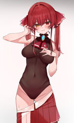  @_@ absurdres ascot black_choker blush breasts choker female frilled_choker frills hair_ribbon heterochromia highres hololive houshou_marine houshou_marine_(1st_costume) leotard long_hair looking_at_viewer miniskirt pleated_skirt red_ascot red_eyes red_hair red_ribbon red_skirt ribbon skirt solo twintails virtual_youtuber white_background yellow_eyes yuzuyukiha 