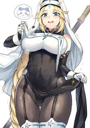  black_bodysuit black_robe blonde_hair blue_eyes blush bodysuit braid breast_curtains breasts bridal_gauntlets chiikawa clothes_lift commentary cowboy_shot cross cross_necklace detached_sleeves drooling facial_mark female forehead_mark garter_straps gloves goddess_of_victory:_nikke habit hachiware_(chiikawa) highres jewelry large_breasts long_braid long_hair mouth_drool necklace nose_blush nun open_mouth parted_bangs pelvic_curtain pelvic_curtain_lift rapunzel_(nikke) robe rosary sidelocks simple_background skindentation solo spoken_character staff standing sweat teeth thigh_gap thighhighs upper_teeth_only very_long_hair weapon weapon_on_back white_background white_gloves white_thighhighs wrist_cuffs yougenko 