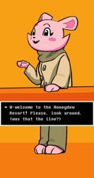  absurd_res anthro bear black_nose blush clothed clothing countertop facial_tuft female hi_res honeydew_shopkeeper kirbugo mammal smile solo text_box tuft undertale undertale_(series) undertale_yellow ursine 