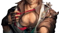  1boy adjusting_clothes adjusting_necktie bara close-up gallagher_(honkai:_star_rail) highres honkai:_star_rail honkai_(series) male_focus necktie noomppan official_alternate_costume pectoral_cleavage pectoral_focus pectorals solo sparse_chest_hair sparse_stubble undressing upper_body 