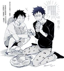  2boys arm_tattoo big_belly blush bread closed_eyes commentary_request demorzel denim doughnut earrings eating facial_hair food goatee grin hand_tattoo hat highres holding holding_food jeans jewelry male_focus male_pregnancy monkey_d._luffy multiple_boys one_piece onigiri pants plate sandals sandwich shirt short_hair sitting smile squatting straw_hat tattoo tears teeth trafalgar_law translation_request trembling turn_pale unworn_hat unworn_headwear wariza yaoi 