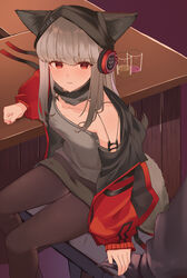  1other absurdres arknights beanie black_headwear black_skirt breasts brown_pantyhose clenched_hand commentary_request cup drinking_glass ears_through_headwear feet_out_of_frame female frostleaf_(arknights) grey_hair grey_shirt hat headphones highres jacket long_sleeves nail_polish off_shoulder open_clothes open_jacket out_of_frame pantyhose parted_lips puffy_long_sleeves puffy_sleeves red_eyes red_jacket red_nails shirt sitting skirt small_breasts solo_focus suzubotan symbol-shaped_pupils 