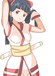  1girls ainu_clothes armpits arms_behind_head black_hair breasts brown_eyes female female_only fingerless_gloves gloves hair_ribbon half-closed_eyes highres king_of_fighters legs long_hair looking_at_viewer medium_breasts nakoruru pants pose posing ribbon samurai_shodown seductive seductive_gaze seductive_look sensual snk solo thighs vatsha weapon 