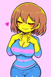  ai_generated bangs blue_pants blush bob_cut breasts brown_hair closed_eyes female female_frisk freckles_on_face frisk frisk_(undertale) fully_clothed hearts_around_head nipple_bulge pants pixai protagonist_(undertale) simple_background smile smiling solo striped_shirt undertale undertale_(series) yellow_skin 