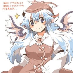  bad_id bad_twitter_id blue_eyes blue_hair blush cosplay female hat kamishirasawa_keine long_hair lowres mystia_lorelei mystia_lorelei_(cosplay) rebecca_(keinelove) ribbon smile solo sparkle touhou translated wings 