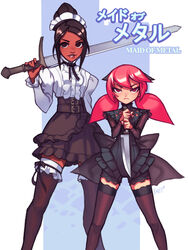  2girls bow brown_eyes brown_hair commentary_request dark-skinned_female dark_skin dress feet_out_of_frame frills hair_bun highres kienan_lafferty knife long_sleeves looking_at_viewer multiple_girls original pink_eyes pink_hair short_twintails shorts single_hair_bun standing sword tall thighhighs twintails weapon 