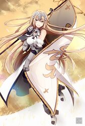  armor armored_dress bare_shoulders blonde_hair blue_eyes breasts chains cleavage commentary_request fate/apocrypha fate/grand_order fate_(series) faulds female flag gauntlets headpiece jeanne_d&#039;arc_(fate) jeanne_d&#039;arc_(third_ascension)_(fate) k-rumi large_breasts long_hair looking_at_viewer open_mouth solo standard_bearer sunlight thighhighs very_long_hair 