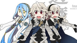  1boy 2girls arawi_keiichi_(style) armor azura_(fire_emblem) blue_hair cape circlet commentary_request corrin_(female)_(fire_emblem) corrin_(fire_emblem) corrin_(male)_(fire_emblem) fingerless_gloves fire_emblem fire_emblem_fates gloves hair_between_eyes hairband headband hyadain_no_kakakata_kataomoi_-_c long_hair moumo_(muuumomo) multiple_girls nichijou parody pointy_ears red_eyes short_hair tiara 