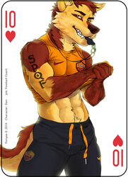  2019 a.s._roma abs anthro bottomwear brown_body brown_fur canid canine canis card card_template clothed clothing coach copyright_symbol digital_media_(artwork) english_text fonyaa fur hair hearts_(suit) looking_at_viewer male mammal muscular muscular_anthro muscular_male navel nike pants pecs playing_card playing_card_template red_eyes shirt simple_background smile solo standing symbol teeth ten_of_hearts text text_on_body text_on_clothing text_on_shirt text_on_topwear topwear whistle_(object) white_background wolf 