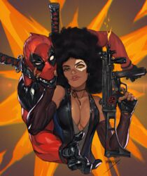  1boy afro bare_shoulders black_gloves black_hair bodysuit breasts brown_eyes cleavage commentary_request dark_skin deadpool deadpool_(movie) deadpool_(series) deadpool_2 detached_sleeves domino_(marvel) facepaint female fingerless_gloves firing gloves grabbing gun hand_on_another&#039;s_chin hands_up head_grab heterochromia holding holding_gun holding_weapon light_smile lips looking_at_viewer machine_gun marvel mask medium_hair morry muzzle_flash orange_eyes parted_lips shiny_clothes signature sword upper_body vest weapon weapon_on_back 