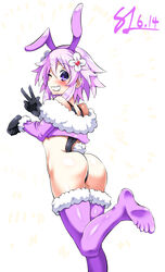  ;d alternate_costume animal_ears ass bare_shoulders black_gloves black_leotard blush crop_top female flower from_behind fur-trimmed_legwear fur_trim gloves grin hair_between_eyes hair_flower hair_ornament hands_up highres kurozero leotard looking_at_viewer looking_back medium_hair neptune_(neptunia) neptune_(series) one_eye_closed purple_eyes purple_hair rabbit_ears rabbit_tail sideless_leotard smile solo standing standing_on_one_leg tail thighhighs v white_flower 