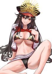  absurdres aged_up alternate_breast_size arm_support ass_visible_through_thighs bare_legs barefoot bikini black_bikini black_hair black_headwear breasts cleavage clothes_pull crest crotch family_crest fate/grand_order fate_(series) female fire flame_print hat headphones headphones_around_neck highres jacket jacket_pull japan japanese_clothes kugiseiichi large_breasts leg_up letterman_jacket long_hair m_legs military military_hat multicolored_clothes multicolored_jacket navel oda_nobunaga_(fate) oda_nobunaga_(swimsuit_berserker)_(fate) oda_nobunaga_(swimsuit_berserker)_(first_ascension)_(fate) oda_nobunaga_(swimsuit_berserker)_(second_ascension)_(fate) oda_uri official_alternate_costume presenting_breasts presenting_swimsuit print_bikini purple_skirt red_eyes red_headwear red_jacket shirt sitting skindentation skirt sleeves_past_elbows smile spread_legs star_(symbol) star_print stomach string_bikini striped_clothes striped_jacket striped_shirt swimsuit teeth thighs two-tone_skirt underboob vertical-striped_clothes vertical-striped_jacket vertical-striped_shirt very_long_hair white_background white_skirt white_sleeves 