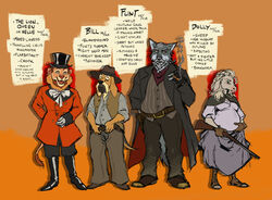  anthro beard belt bill_(tuherrus) bloodhound blue_eyes boots bovid breasts brown_eyes canid canine canis caprine cigar clothed clothing cowboy_boots cowboy_hat cowboy_outfit dolly_(tuherrus) domestic_dog english_text facial_hair felid female fingerless_gloves flint_(tuherrus) footwear gloves green_eyes group gun gun_belt hair handgun handwear hat headgear headwear hi_res hunting_dog lion livery long_ears long_hair looking_at_viewer male mammal moustache nellie_the_lion_queen_(tuherrus) open_mouth open_smile pantherine pregnant ranged_weapon revolver scar scent_hound sheep smile smiling_at_viewer smoking smoking_cigar text top_hat tuherrus weapon wild_west winchester_1873 winchester_rifle wolf yellow_eyes 