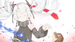  2girls abyssal_crane_princess abyssal_ship arrow_(projectile) arrow_in_body commentary_request detached_sleeves gloves hair_between_eyes highres horns japanese_clothes kantai_collection long_hair multiple_girls neo_libra smile solo_focus twintails white_hair zuikaku_(kancolle) 