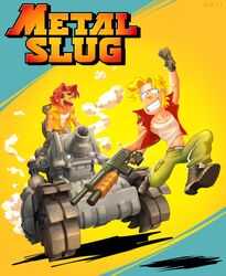  2boys assault_rifle bad_id bad_pixiv_id blonde_hair blue_eyes caterpillar_tracks commentary_request gun male_focus marco_rossi metal_slug military military_vehicle motor_vehicle multiple_boys pants red_hair rifle sasisage shirt short_hair smile sunglasses sv001_(metal_slug) tank tarma_roving weapon 