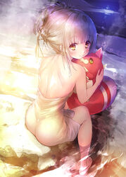  ass bare_arms bare_shoulders blush brown_eyes closed_mouth commentary_request ek_masato female hoshi_tanuki_(shironeko_project) looking_at_viewer looking_back loussier_ellerensia mini_wings naked_towel photoshop_(medium) rock shironeko_project sidelocks sitting smile soaking_feet star_(symbol) towel water white_wings wings 