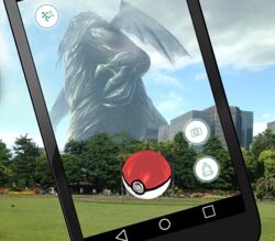  augmented_reality building cellphone commentary_request crossover cthulhu cthulhu_mythos day eldritch_abomination joki_yoh no_humans outdoors phone poke_ball poke_ball_(basic) pokemon pokemon_go smartphone viewfinder wings 