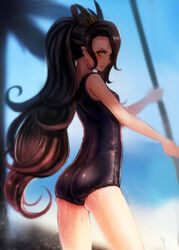  absurdres ass bare_shoulders brown_eyes brown_hair bryanth commentary_request female highres long_hair one-piece_swimsuit palm_tree photoshop_(medium) pixiv_fantasia pixiv_fantasia_fallen_kings ponytail school_swimsuit shiny_clothes signature solo swimsuit thighs tree very_long_hair water wet 