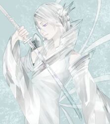  agatsumaattsu bankai bleach blue_background blue_theme closed_mouth commentary_request expressionless female from_side hair_between_eyes hair_ornament hakka_no_togame_(bankai) half-closed_eyes holding holding_sword holding_weapon japanese_clothes katana kuchiki_rukia long_sleeves looking_down pale_skin profile purple_eyes sheath sheathed short_hair simple_background solo sword weapon white_hair 