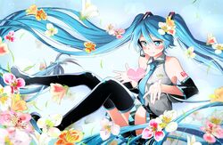  absurdly_long_hair agonasubi alstroemeria_(flower) artist_name black_footwear black_skirt blue_eyes blue_hair blue_necktie blush boots breasts check_commentary commentary_request detached_sleeves female floating_hair flower grey_shirt hair_between_eyes hair_flower hair_ornament hatsune_miku highres long_hair microphone miniskirt necktie orange_flower pink_flower pleated_skirt red_flower shirt skirt sleeveless sleeveless_shirt small_breasts smile solo tattoo thigh_boots thighhighs twintails very_long_hair vocaloid white_flower 