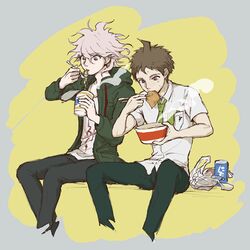  2boys ahoge brown_hair commentary_request cup_ramen danganronpa_(series) danganronpa_2:_goodbye_despair eating hinata_hajime hood hoodie instant_ramen instant_udon jacket kgomi_ningen komaeda_nagito male_focus maruchan_akai_kitsune_udon multiple_boys necktie nissin_cup_noodle short_hair white_hair 