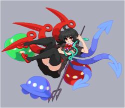  asymmetrical_wings black_dress black_hair commentary_request dress female houjuu_nue legs lowres namako_daibakuhatsu panties pantyshot pixel_art red_eyes red_footwear snake solo thighhighs touhou ufo undefined_fantastic_object underwear weapon wings 