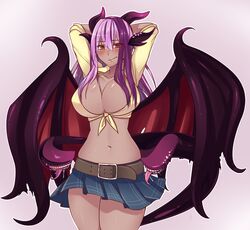  :/ arms_behind_head ayanobro bad_id belt blush breasts cleavage cosplay cowboy_shot dark-skinned_female dark_skin dragon_girl dragon_horns dragon_wings female hair_between_eyes highres horns jabberwock_(monster_girl_encyclopedia) large_breasts long_hair midriff miia_(monster_musume) miia_(monster_musume)_(cosplay) monster_girl monster_girl_encyclopedia monster_musume_no_iru_nichijou multicolored_hair navel outline purple_hair red_eyes shirt simple_background skirt solo streaked_hair sweat tail teeth tentacle tied_shirt tongue two-tone_hair wings 