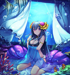  angelfish animal armlet bare_legs barefoot beads bikini black_bikini blue_hair blush bracelet breast_hold breasts circlet clam cleavage clownfish collar commentary_request coral curtains damselfish dutch_angle eyebrows female fish frilled_bikini frills gem glass gogatsu_no_renkyuu hair_beads hair_between_eyes hair_ornament hair_ribbon indoors jellyfish jewelry lace_trim light_particles long_hair looking_at_viewer medium_breasts navel necklace o-ring o-ring_bottom ocean original partial_commentary pendant purple_eyes ribbon room sand seaweed see-through sitting stomach submerged surprised swimsuit tropical_fish underwater very_long_hair wariza water 