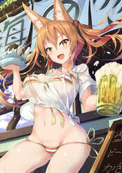  :d absurdres alcohol animal_ears banana banana_split beer beer_mug bikini bikini_under_clothes blue_sky breasts brown_hair chocolate cloud collarbone commentary_request contrapposto covered_nipples cowboy_shot cup day dessert drinking_straw female floating_hair food fox_ears front-tie_top fruit groin hair_between_eyes hair_ornament highres holding holding_cup holding_food large_breasts long_hair looking_at_viewer menu_board mug navel no_pants oerba_yun_fang open_mouth orange_bikini original outdoors shiny_skin shirt short_sleeves side-tie_bikini_bottom sidelocks sky smile solo standing stomach striped_bikini striped_clothes summer swimsuit tied_shirt twintails wafer_stick waitress wet wet_clothes wet_shirt white_bikini white_shirt yellow_eyes zelitto 