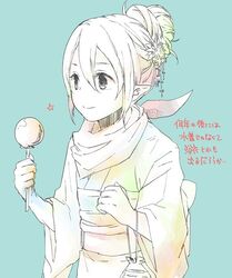  alternate_costume blue_background candy_apple commentary_request female fire_emblem fire_emblem_fates food hair_bun japanese_clothes kana_(female)_(fire_emblem) kana_(fire_emblem) kimono long_sleeves obi pointy_ears robaco sash simple_background single_hair_bun solo wide_sleeves yukata 