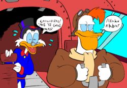  anatid anseriform avian bird clothing disney duck ducktales ducktales_(1987) duo english_text eyewear glasses goggles hat headgear headwear islamophobia launchpad_mcquack male scarf scrooge_mcduck small_glasses text top_hat unknown_artist 