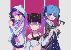  3girls :d absurdres axe baseball_cap beret black_hat blue_choker blue_hair blue_necktie blue_ribbon blue_skirt blue_sky blunt_bangs blush braid breasts brianlee709 center-flap_bangs choker collarbone collared_jacket collared_shirt commentary cropped_jacket english_commentary green_eyes grey_hat grey_jacket grey_skirt gun hair_between_eyes hair_ornament hair_ribbon hairclip halterneck handgun hat highres holding holding_axe holding_gun holding_weapon hololive hood hooded_jacket hoshimachi_suisei hoshimachi_suisei_(1st_costume) jacket long_sleeves looking_at_viewer low_twin_braids minato_aqua minato_aqua_(sailor) mixed-language_commentary multicolored_hair multiple_girls necktie off-shoulder_jacket off_shoulder one_side_up open_clothes open_jacket pink_background pink_hair plaid_clothes plaid_hat plaid_jacket plaid_skirt pleated_skirt purple_eyes purple_hair ribbon sailor_collar shirt short_necktie sidelocks simple_background skirt skirt_set sky small_breasts smile stomach streaked_hair thighs tokoyami_towa tokoyami_towa_(1st_costume) twin_braids twintails virtual_youtuber weapon white_background white_jacket white_sailor_collar white_shirt 