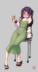  alcohol alternate_costume beer beer_can blush bocchi_the_rock! breasts can cleavage collarbone commentary_request cosplay dress drink_can drunk female finalcake full_body geta green_dress grey_background highres hiroi_kikuri hiroi_kikuri_(cosplay) holding jacket jill_stingray knees_together_feet_apart long_hair long_sleeves looking_at_viewer nail_polish off_shoulder open_clothes open_mouth purple_eyes purple_hair sandals sidelocks simple_background sitting small_breasts solo stool toenail_polish toenails twintails va-11_hall-a 